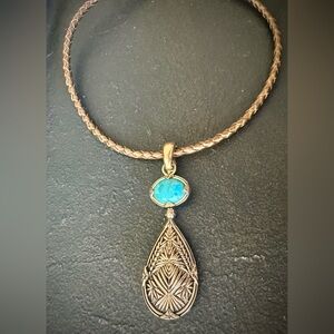 Barse Reversible Turquoise & White Jasper Pendant ~ Braided Leather Necklace